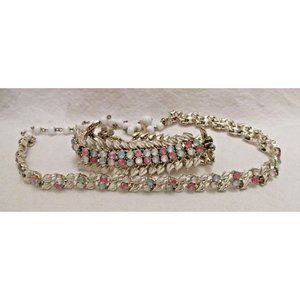 Coro necklace & bracelet pink blue clear crystals leaves vintage gold-tone